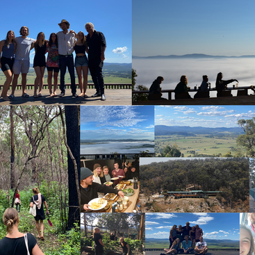 The image is a collage of photos featuring people enjoying the outdoors, with scenic views of mountains and fields in the background, likely taken at a park or nature reserve.