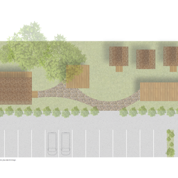 The image depicts a top-down view of a parking lot with a tree, fence, and gravel pathway, set against a light green background.